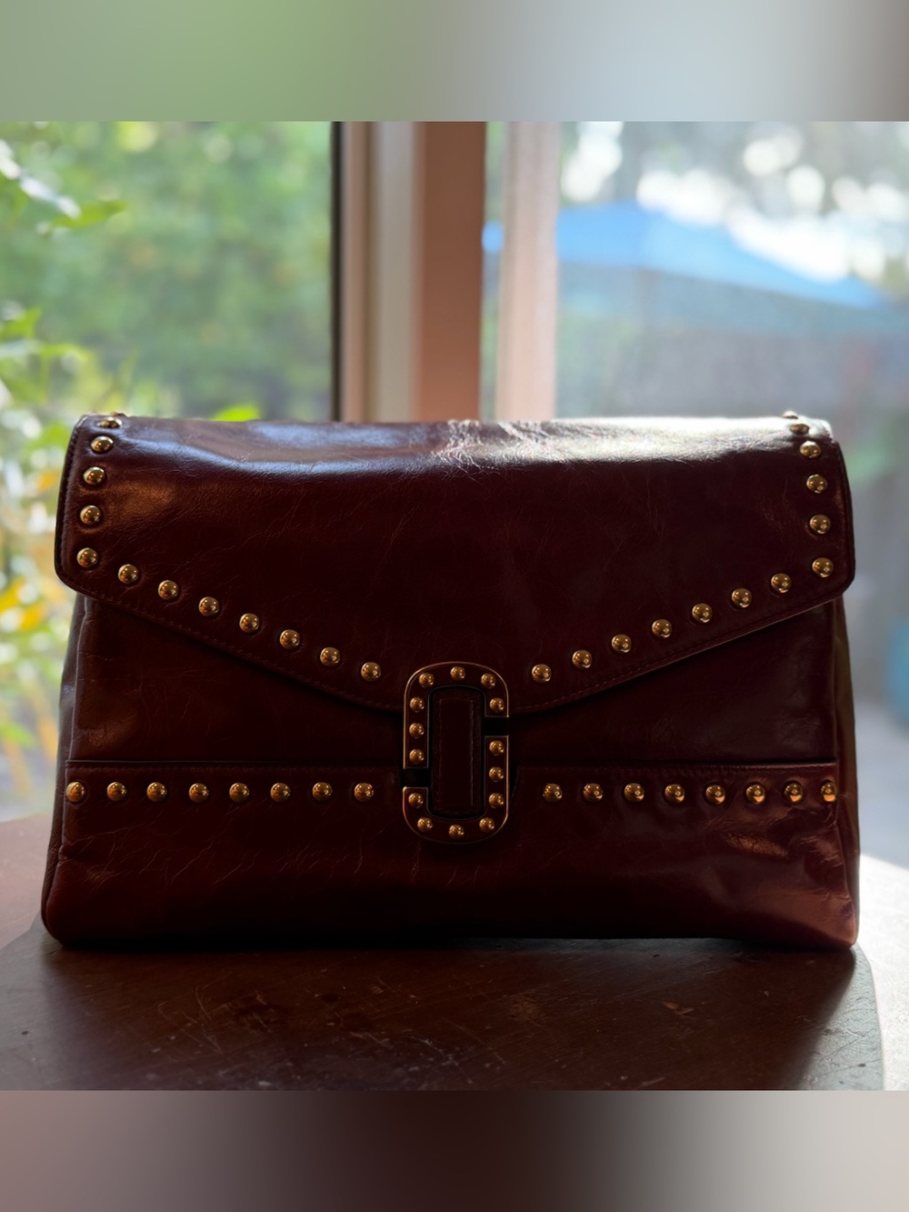 NWT - MARC JACOBS Studded Leather Clutch Bag in Deep Burgundy - Picture 2 of 15
